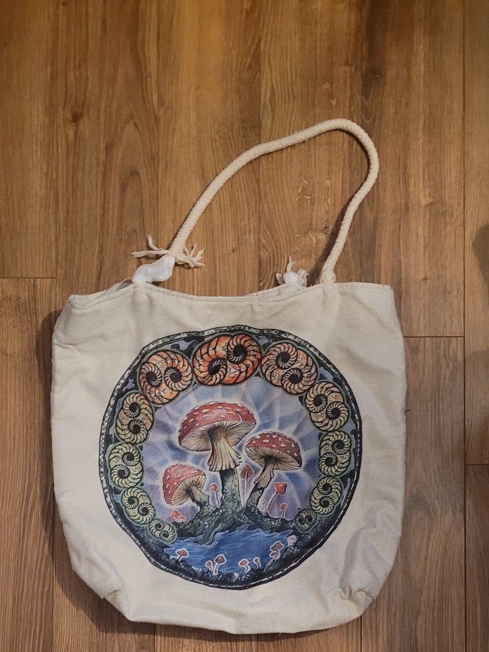 Canvas Mushroom Graphic Tote Bag in Cream